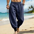 thumbnail image 2 of HOMADLES Mens Casual Linen Joggers Pants Elastic Waist Loose Fit Sports Pants Side Pocket Outdoor Athletic Pants Navy Size 2XL, 2 of 9
