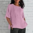 thumbnail image 4 of Fashion Olyvenn Linen Shirts for Women Basic Plus Size 3/4 Sleeve Tops Summer Casual Round Neck Pullover Blouse Ladies Tunic Tshirt Pink M, 4 of 4