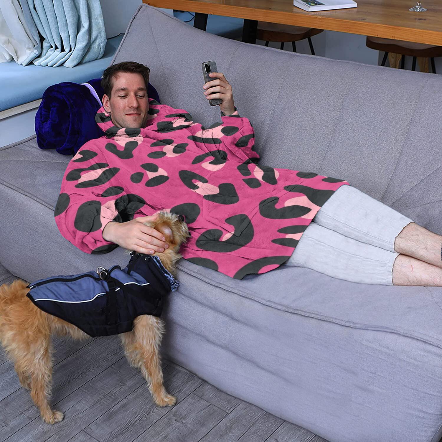 Pink and Black Of Leopard Print Wearable Oversized Blanket,Wearable Blanket Hoodie for Adults,Cozy Hooded Blankets with Super Pockets,Super Warm Fuzzy Pullover for Women & Men