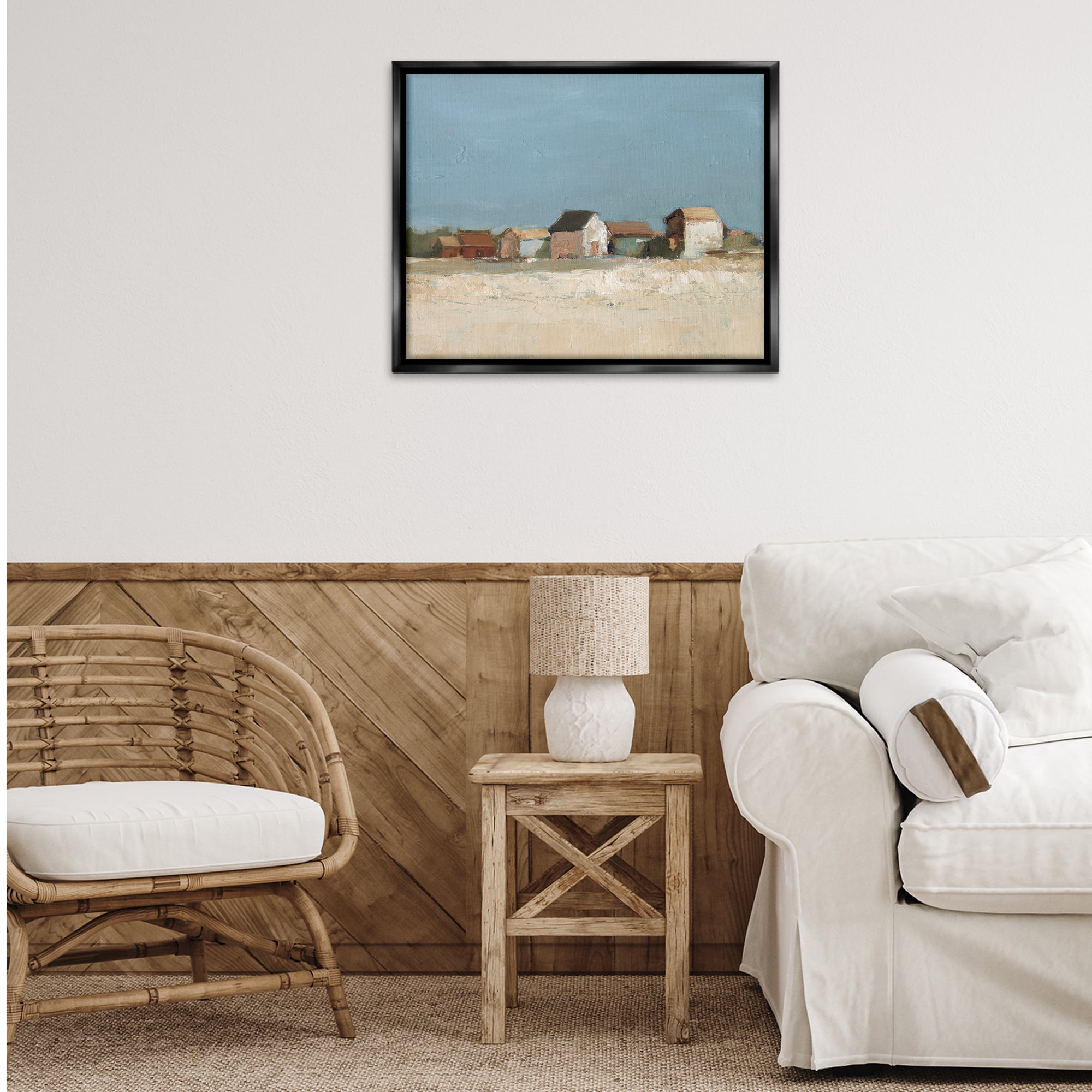 Stupell Industries Neighborhood in Distance Landscape & Nature Painting Black Floater Framed Canvas Art Print Wall Art, 31 x 25
