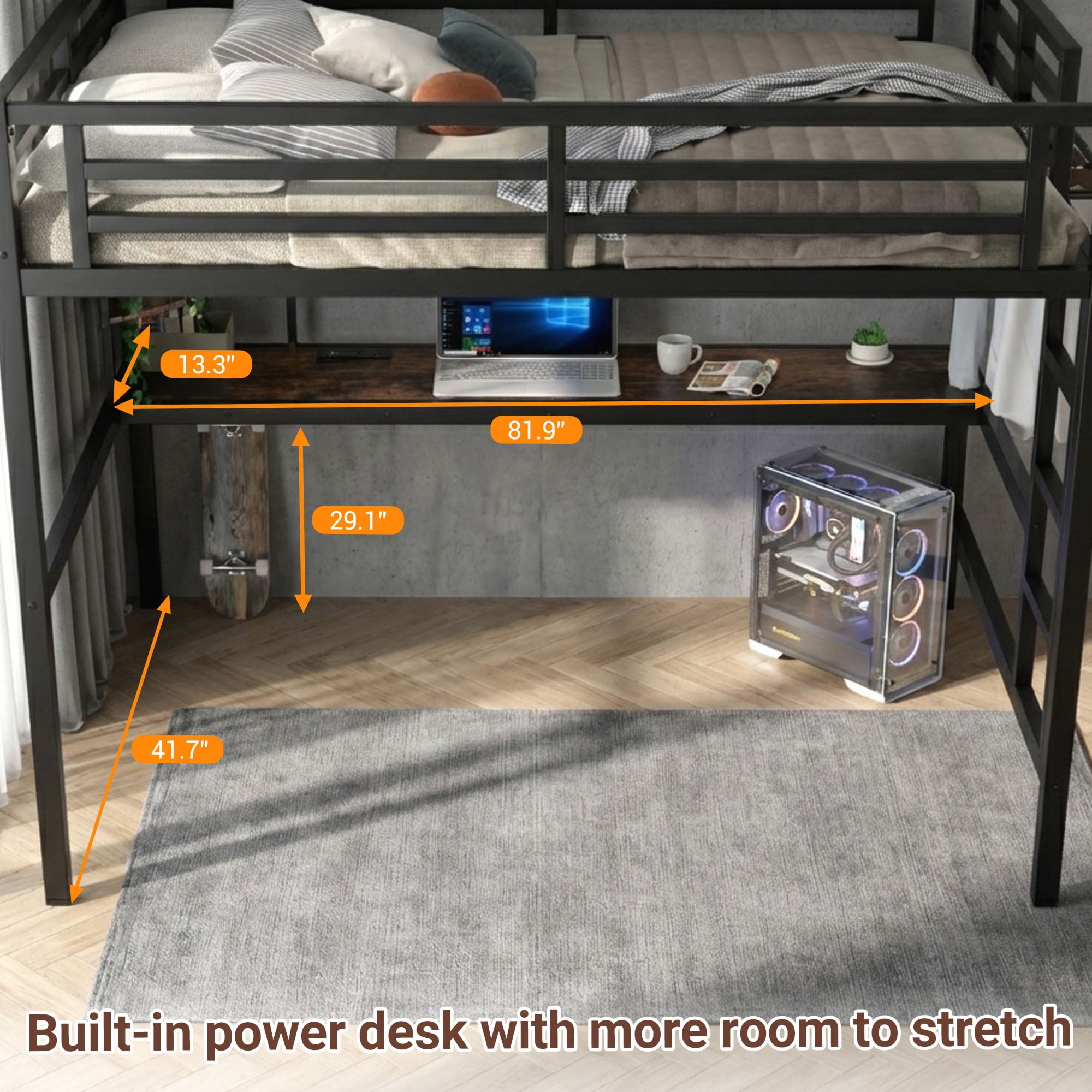 Twin XL Loft Bed with Desk and Storage Shelves, Metal Loft Bed with Charging Station and LED Lights