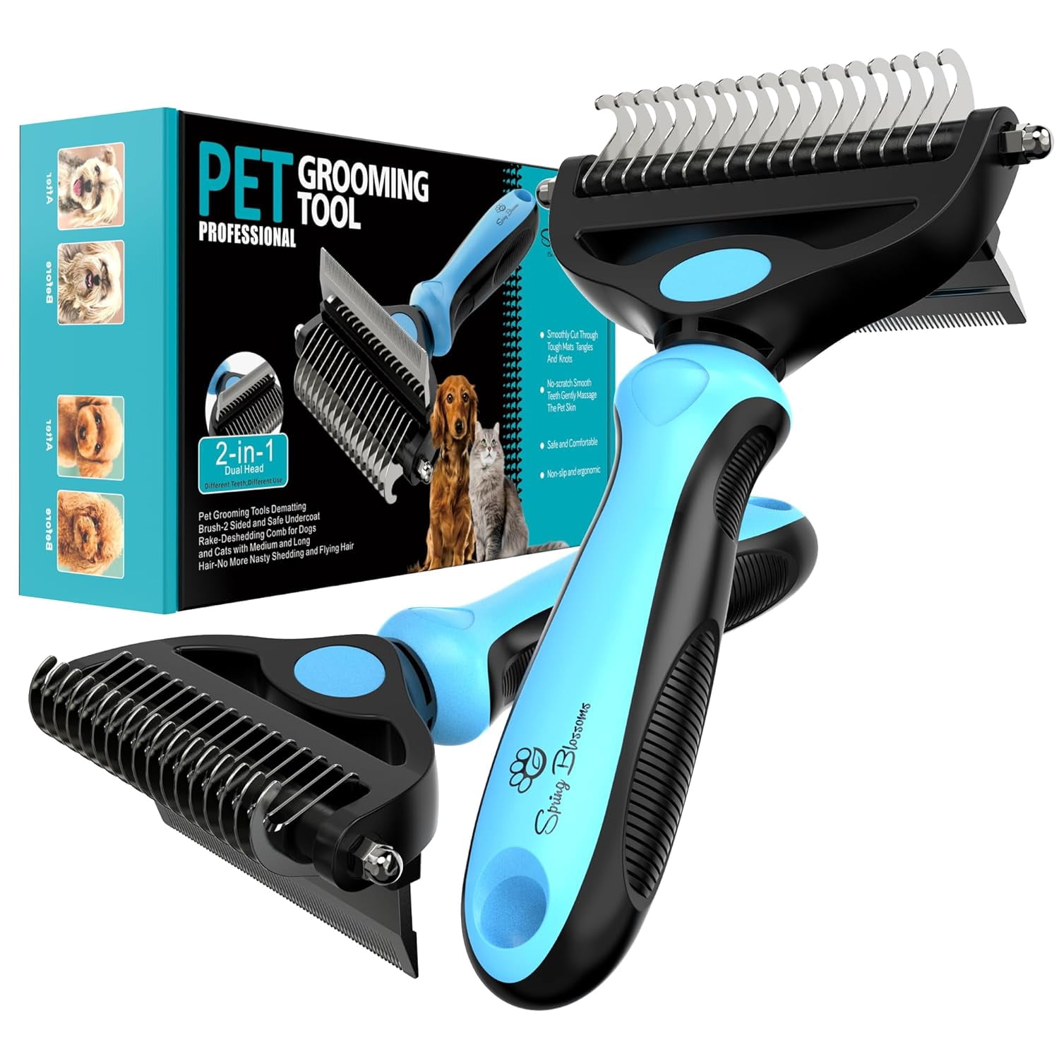 Spring Blossoms 2 in 1 Professional Grooming Rake for Cats & Dogs-Dematting Comb for Easy Mats & Tangles Removing,Hair Removal Cleaner for Pets(Blue)