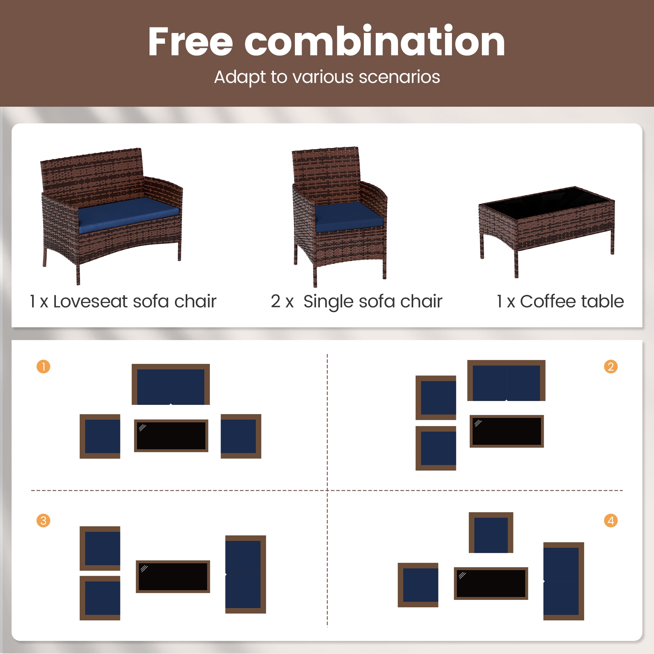 UDPATIO 4 Pieces Outdoor Patio Furniture,Sectional Conversation Sets,Brown PE Rattan Patio Chairs with Table and Loveseat for Balcony, Porch, Backyard,（Navy Blue Cushion）