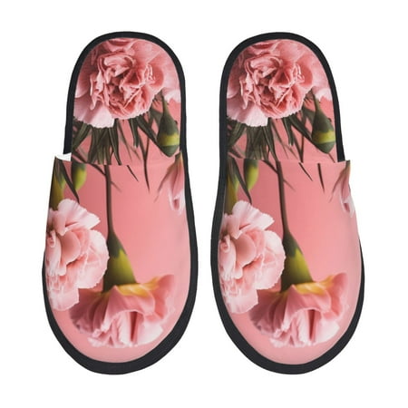 Balery Delicate Pink Carnations A Slient Indoor Furry Fleece Comfort House Shoes Soft Non-Slip Home Shoes Cotton slippers House Slippers-- Large