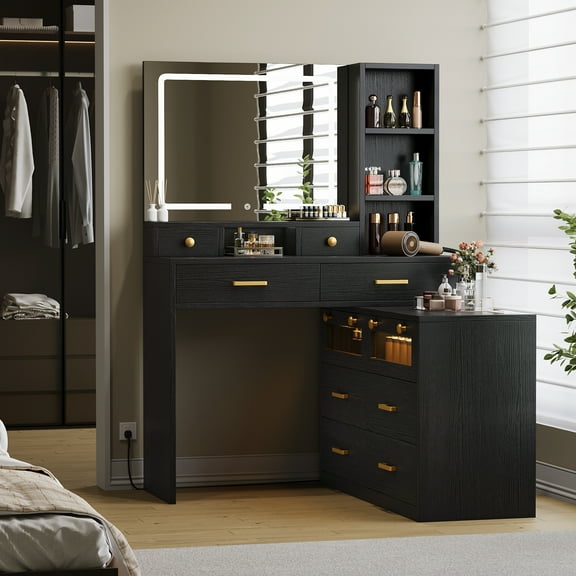 Uforic Vanity Desk with LED Mirror & Power Outlet - 65" Large Makeup Vanity with 10 Drawers, Makeup Dressing Table for Bedroom, Black
