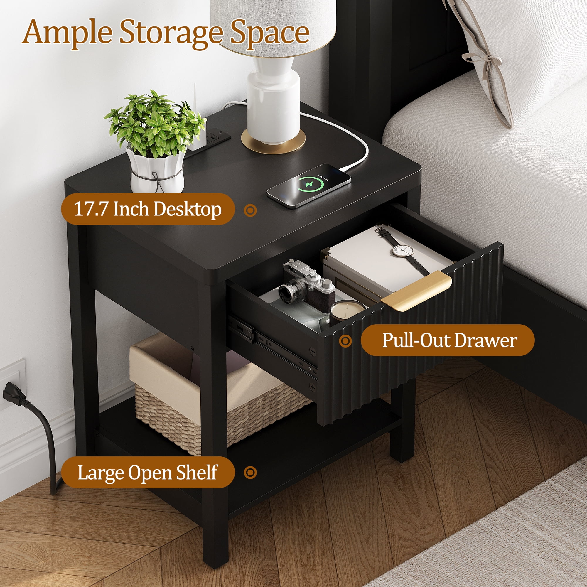 Aufeile Fluted Side Table with Charging Station, Modern End Table with Drawer & Open Shelf, 2 AC Outlets + USB & Type-C, Wood Accent Table for Living Room or Bedroom, Black