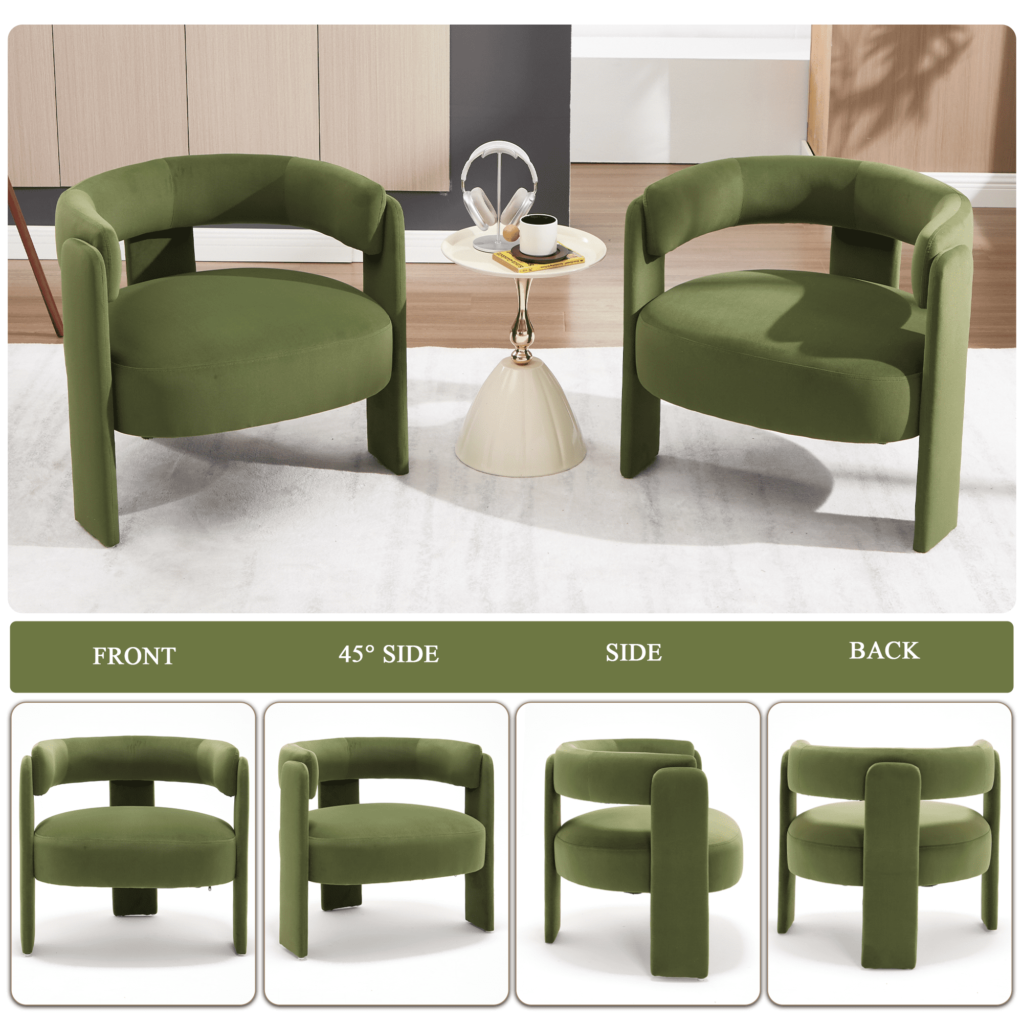 Aukfa Modern Velvet Barrel Accent Chair with 8.66" Thick Seat Cushion, Upholstered Armchair with 300 lb Weight Capacity for Living Room,Olive Green