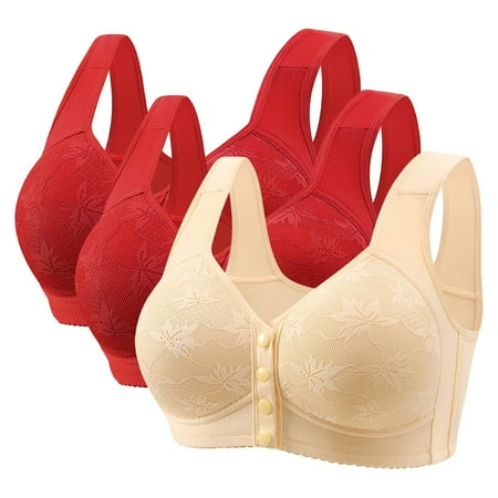REORIAFEE Wireless Bras Women Front Closure Gathered Together No Wire Bras Solid Brassiere Comfy Wide Strap Breathable Corset Underwear Comfortable Classic Support Lingerie Beige 46