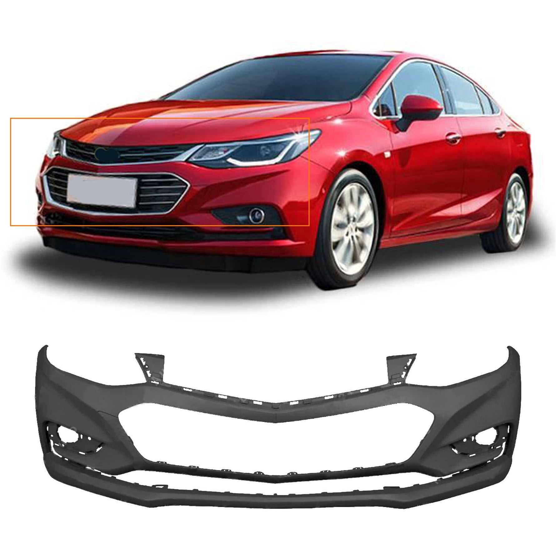 Unpainted Front Bumper Cover Replacement for Chevy Cruze Sedan & Hatch w/o Park Assist 2016 2017 2018