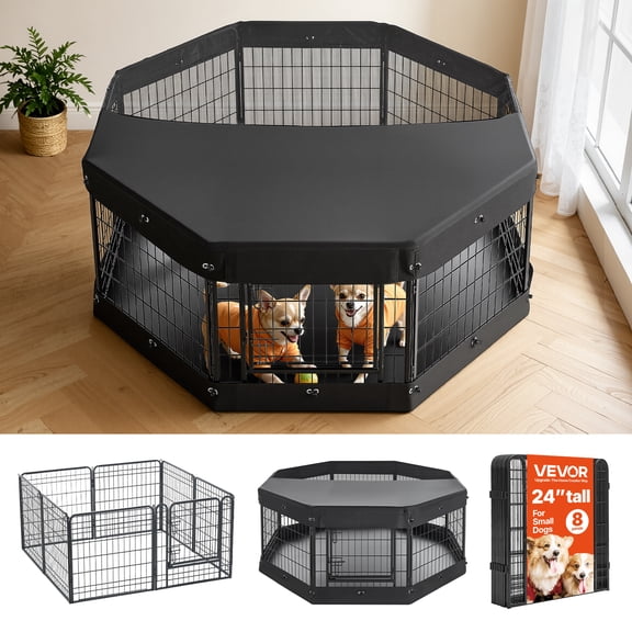 VEVOR Dog Playpen 24 Inch 8 Panels Heavy Duty with Top Cover & Bottom Pad, Indoor Foldable Metal Exercise Pen Pet Fence with Door,Puppy Crate Kennel Pen for Dogs, Cats, and Other Small Animals, Black