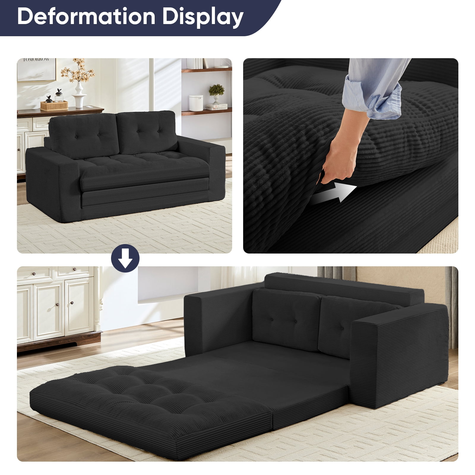 ZAFLY 2 in 1 Convertible Loveseat, Futon Sleeper Sofa Bed, Floor Couch for Small Space - Black