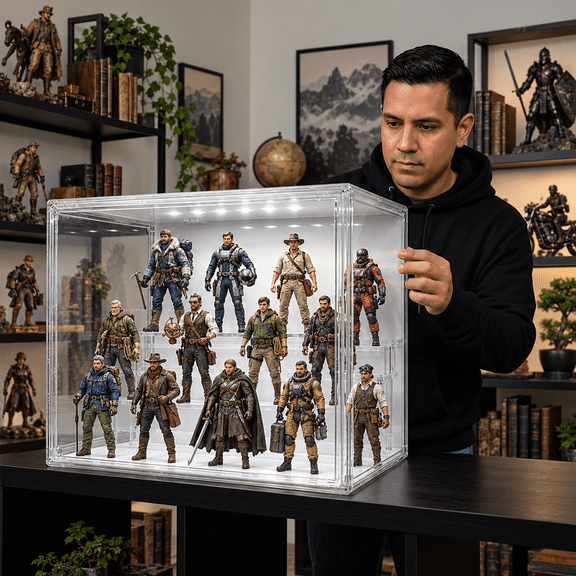 DOLIZU Acrylic Display Case,Upgraded 4-layer transparent display box with lights with 3 Adjustable Divider, 1 Pack Stackable Large Storage Box with Magnetic Door for Collectibles Action Figures