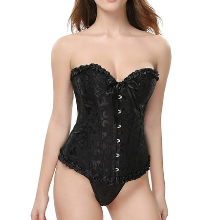 

Frobukio Womens Lace Up Boned Plus Size Overbust Corset Floral Lace Bustier Top
