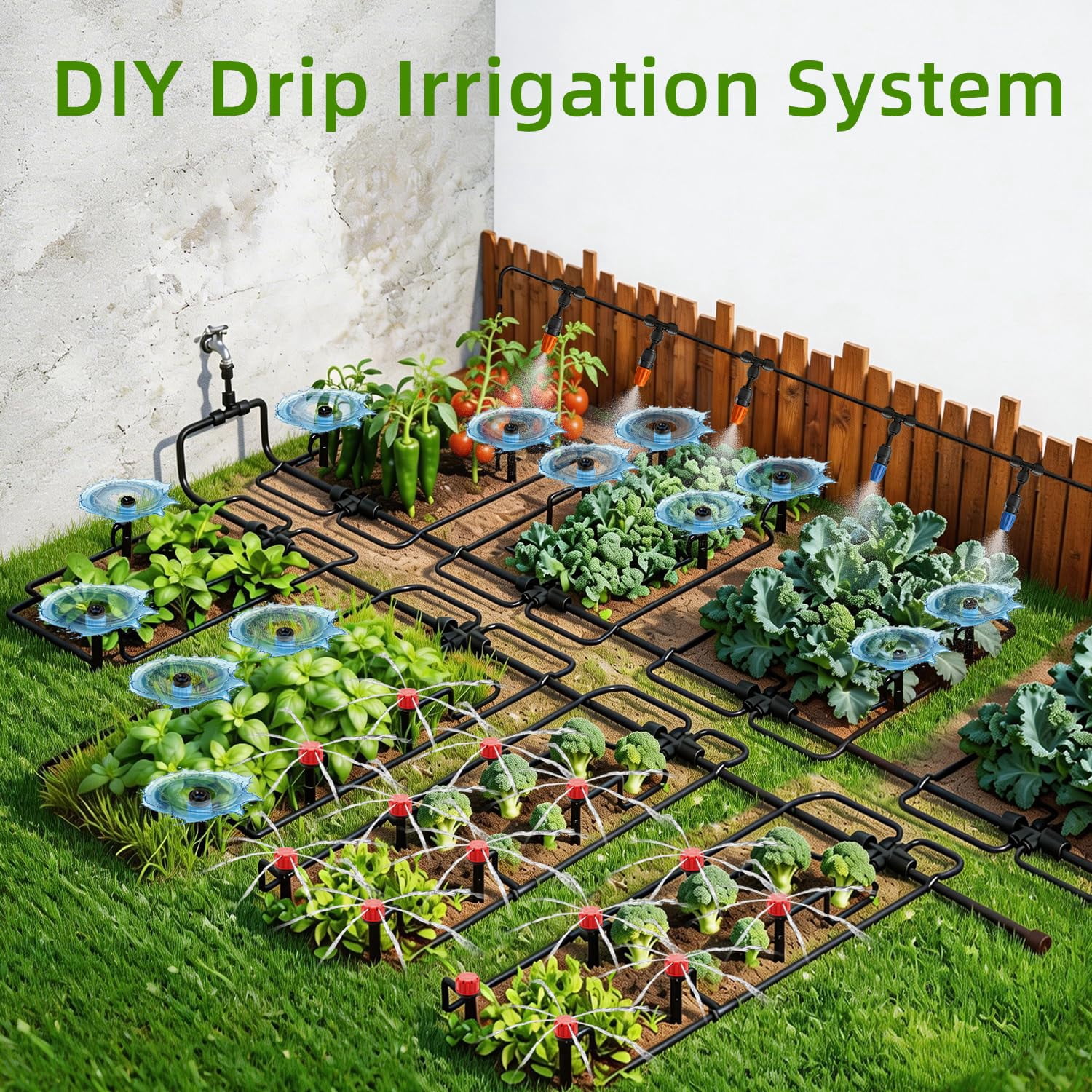 Drip Irrigation System 248ft Automatic Garden Watering With 1/2" & 1/4" Fast-lock Tubing Adjustable Nozzles Sprinklers Quick-connect Kit For Lawn Potted Plants