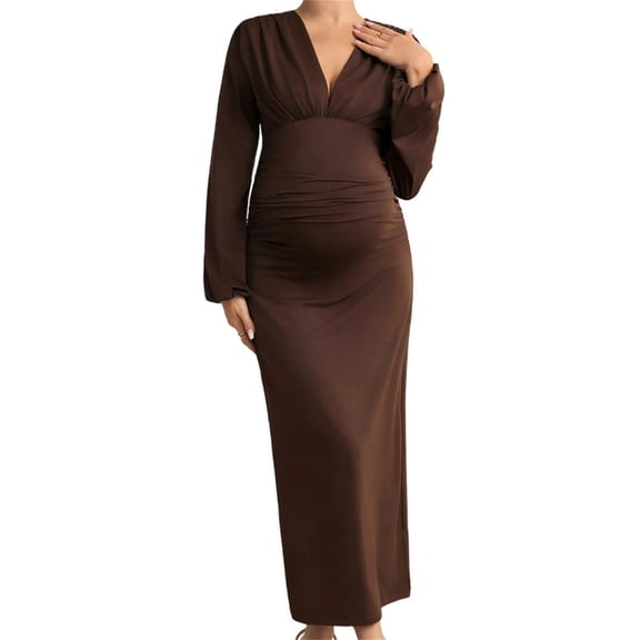 Jamicy Womens Maternity Maxi Dress Long Sleeve Wrap Dress V Neck Ruffle Sleeves Semi formal Baby Shower Photoshoot Party Cocktail Pregnancy