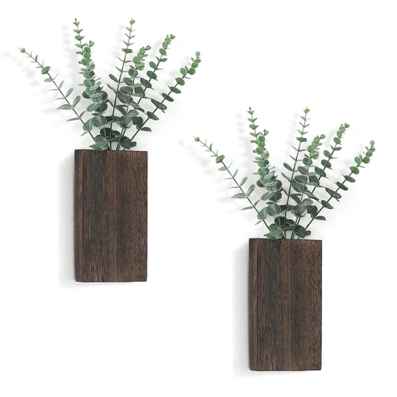 2 Pack Wood Wall Planter Vase with Artificial Eucalyptus Farmhouse Wall Hanging Decor Pocket Planter for Indoor Fake Plants Greenery Flowers, Livingroom Bedroom Kitchen Home Office Decoration, Brown