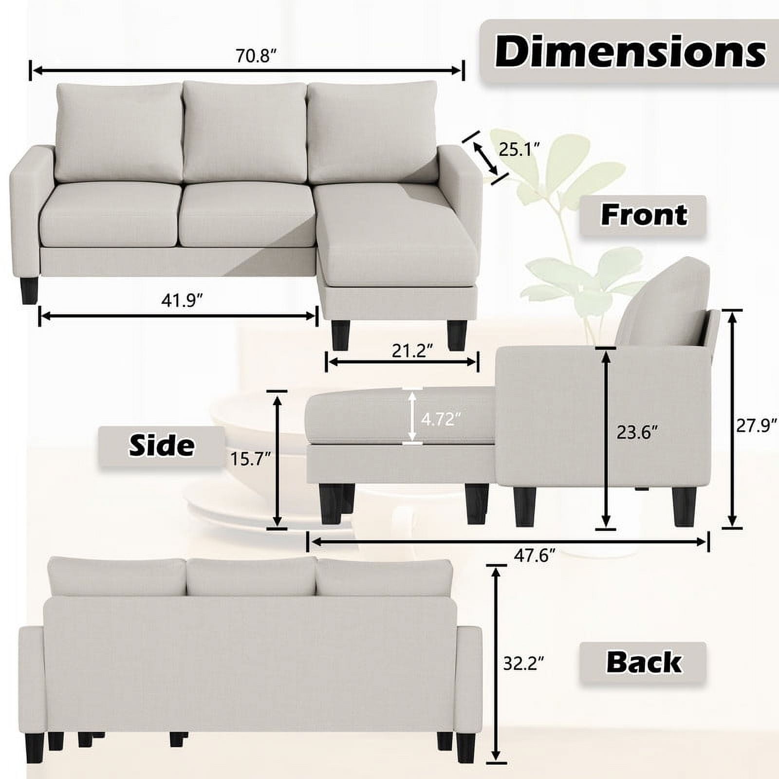 Homall Convertible Sectional Sofa Couch, Modern Linen Fabric L-Shaped Couch 3-Seat Sofa Sectional with Reversible Chaise for Small Living Room, Apartment and Small Space, White
