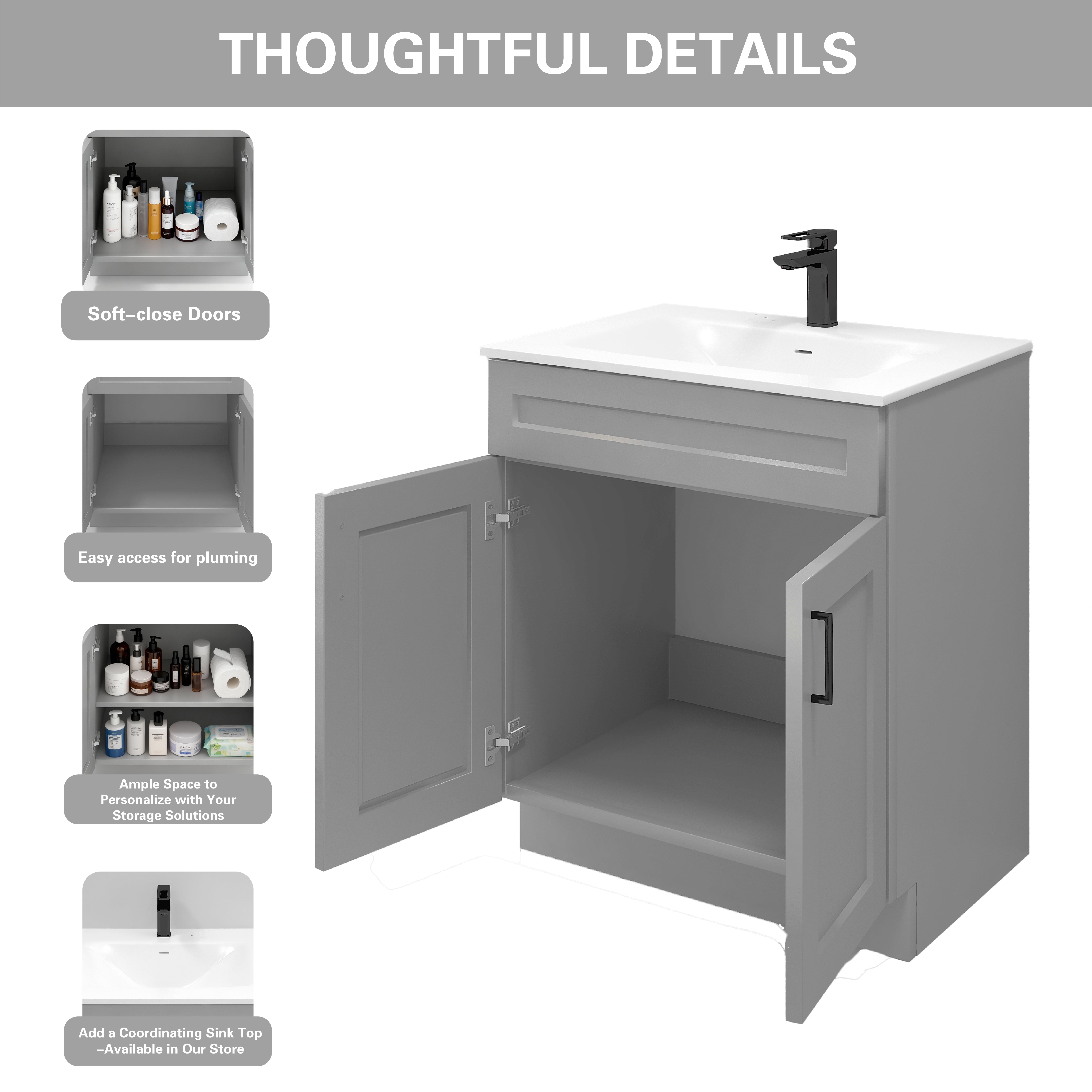Light Grey Shaker Sink Base Bathroom Vanity Ready-to-Assemble Cabinet 30" Width