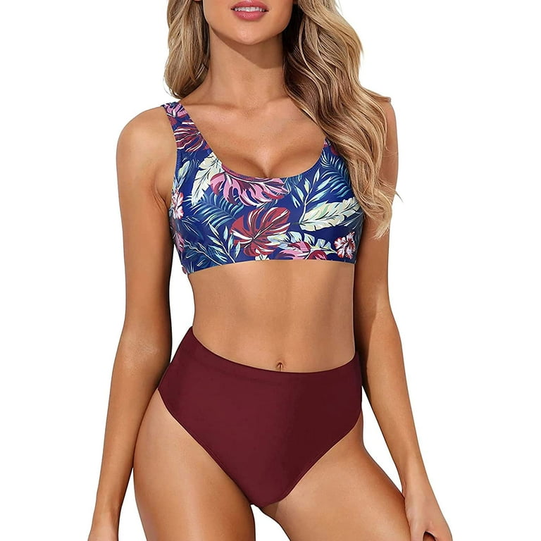 Tempt Me Women Two Piece Scoop Neck Bikini Crop Top High Cut Swimsuit Sporty High Waisted Bathing Suit with Bottoms Walmart