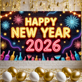 thumbnail image 6 of Neon Happy New Year Banner Colorful New Year Display Fireworks Stars 2026 Backdrop for New Year Party Holiday Celebration Indoor Party, 6 of 9