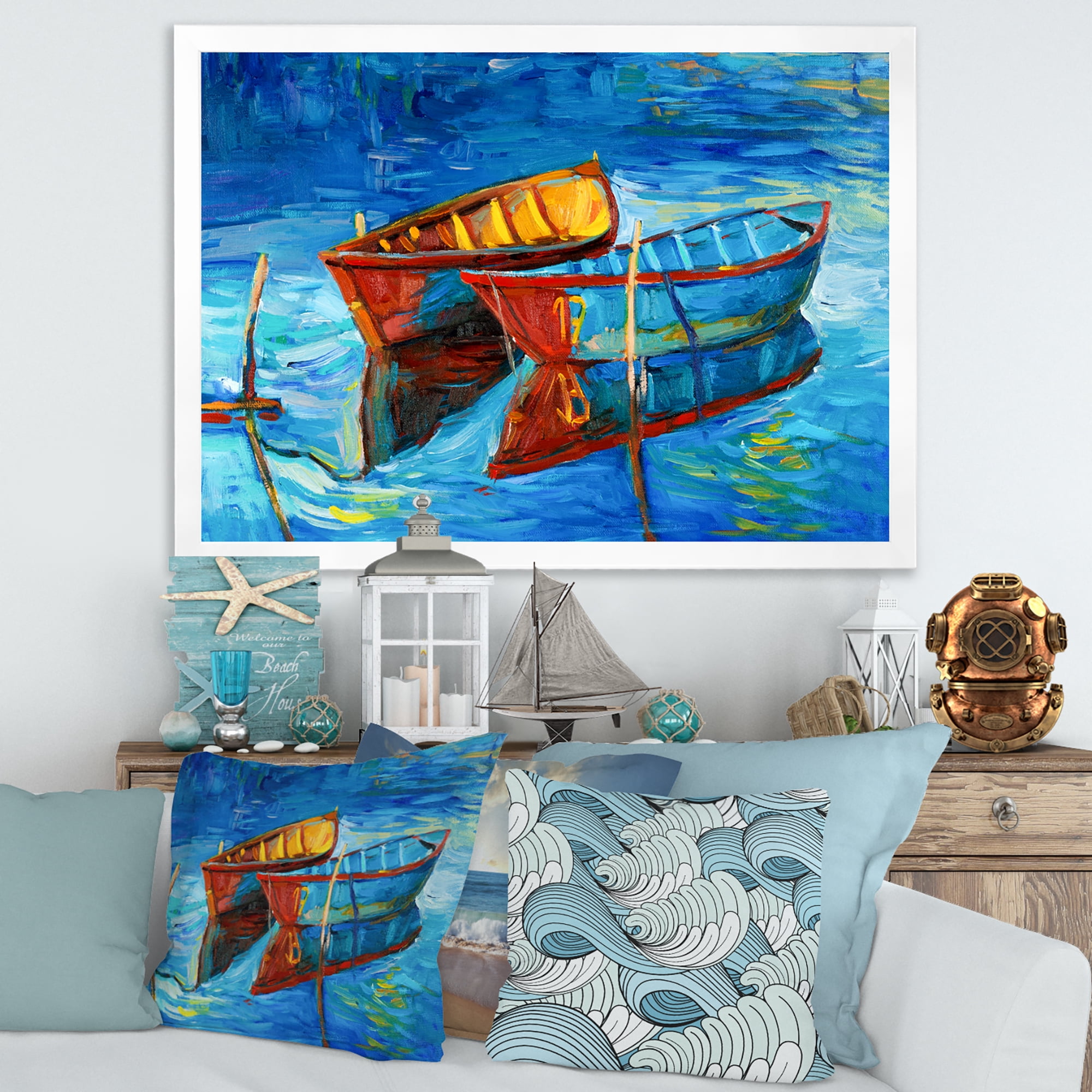 Boat At The Lake During Evening Glow III 32 in x 16 in Framed Painting Canvas Art Print, by Designart
