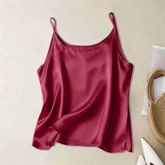 Caywon Women's Solid Color Satin Sleeveless Blouse Loose Casual Crew Neck Cami Top Soft Comfortable Top for Party Date Night Outfit
