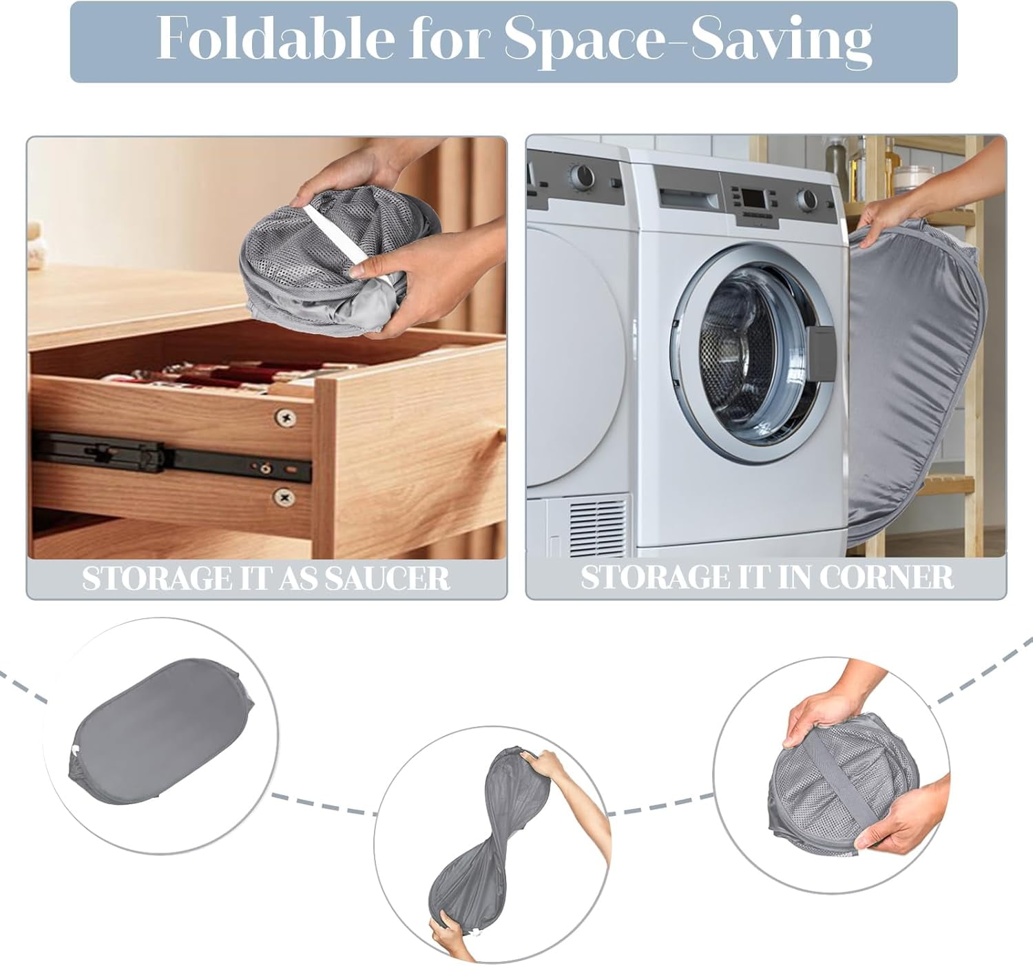 Kiibsot Strong Mesh Pop Up Laundry Basket, Collapsible Laundry Hamper with Side Pocket, Foldable Clothes Hamper with Durable Reinforced Handles for Laundry, Bathroom, Kids Room, Dorm or Travel
