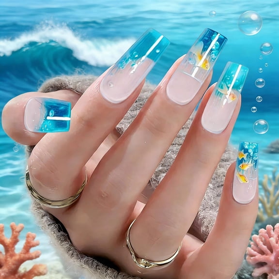 FSTDelivery Transparent Realistic Goldfish Group Press on Nails,Coffin Fake Nails Summer Acrylic Glossy Glue on Nails,Reusable Winter False Nails for Women Girls Holiday Daily Appointment Wear 24pcs