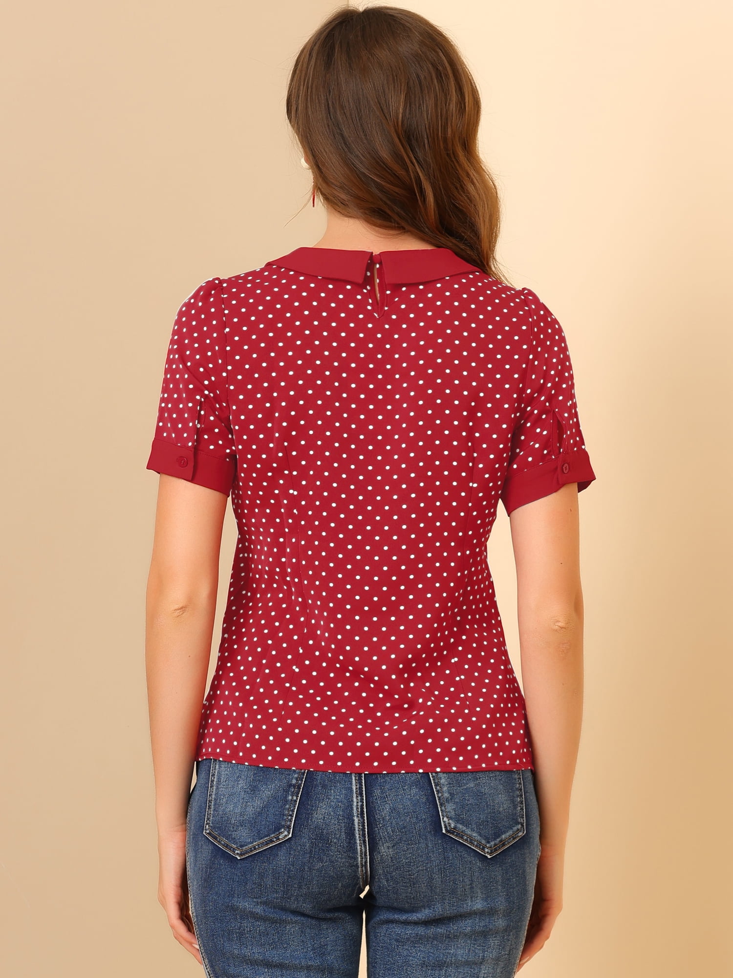 DARING DIVA Women's Peter Pan Collar Polka Dots Short Sleeve Tops XL Red