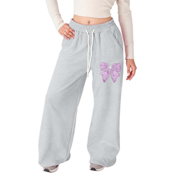 Kids Girls Sweatpants Bow Tie Elastic High Waisted Loose Baggy Pants with Pockets Grey Sweatpants Girl Pants Size 8-9 Years