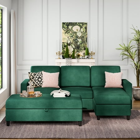 Walsunny Sectional Sofa bed Linen Couch L Shaped 4 Seat with Storage Ottoman Green