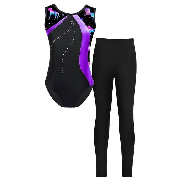 Zaldita Kids Girls Ballet Gymnastics Outfits Sleeveless Dance Leotard Top with Leggings 2Pcs Gym Purple 10