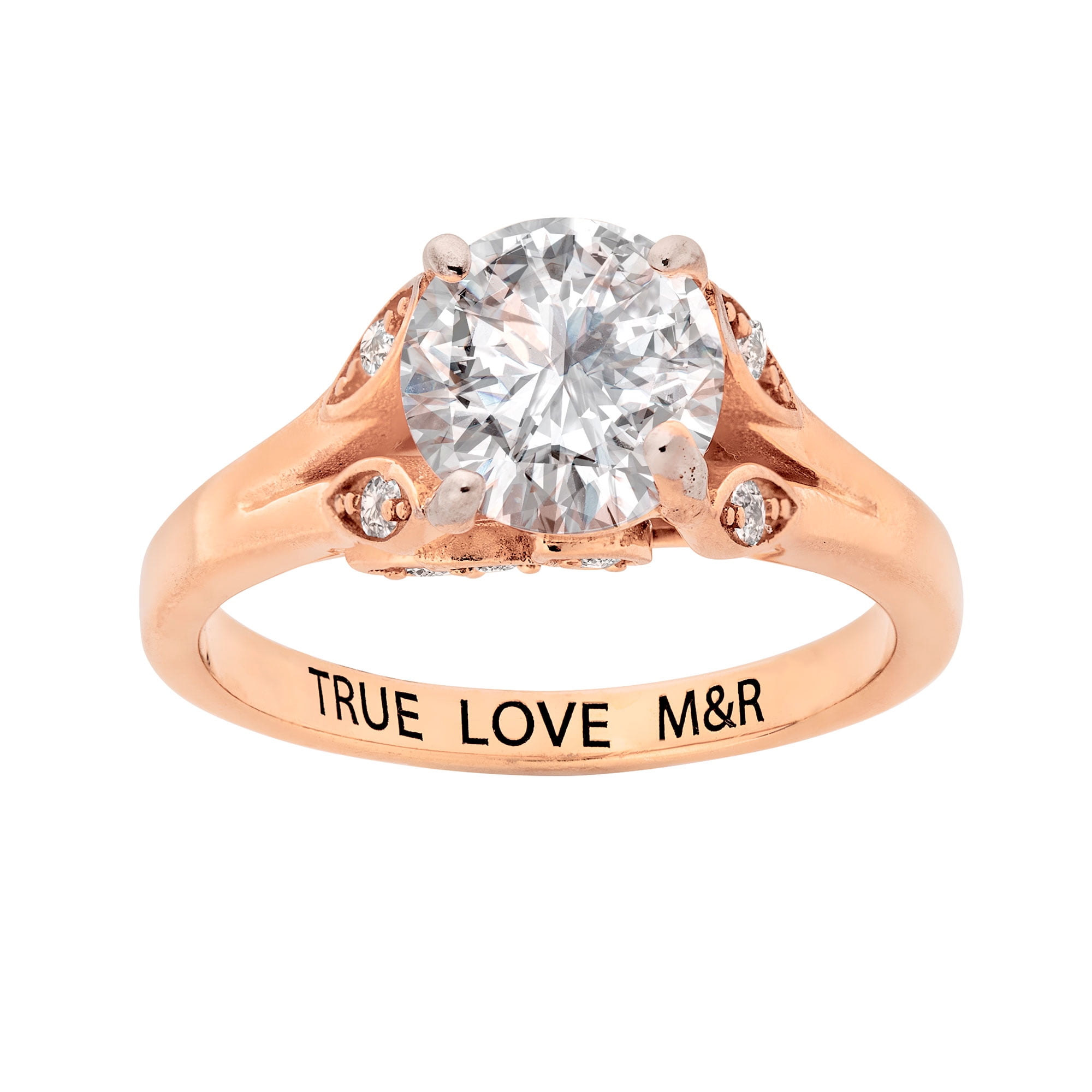 Personalized Planet 14K Rose Gold over Sterling Silver with Leaf Detail Engraved Wedding Ring White Topaz, One Size