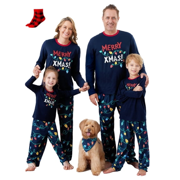 PatPat Womens Pajama Sets Christmas Family Matching Pjs Holiday Long Sleeve Tops and Christmas Lights Pants with Socks, 2-Piece, Size M