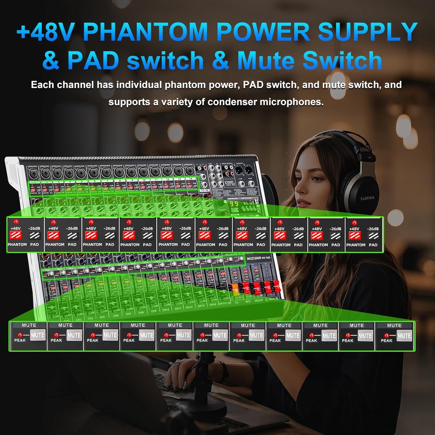 16 Channel Audio Mixer Professional Sound Mixing Board with 99 DSP Effects, 7-band EQ Digital DJ Mixer Console w/USB Bluetooth MP3 for Recording, Independent 48V Power & Mute Button