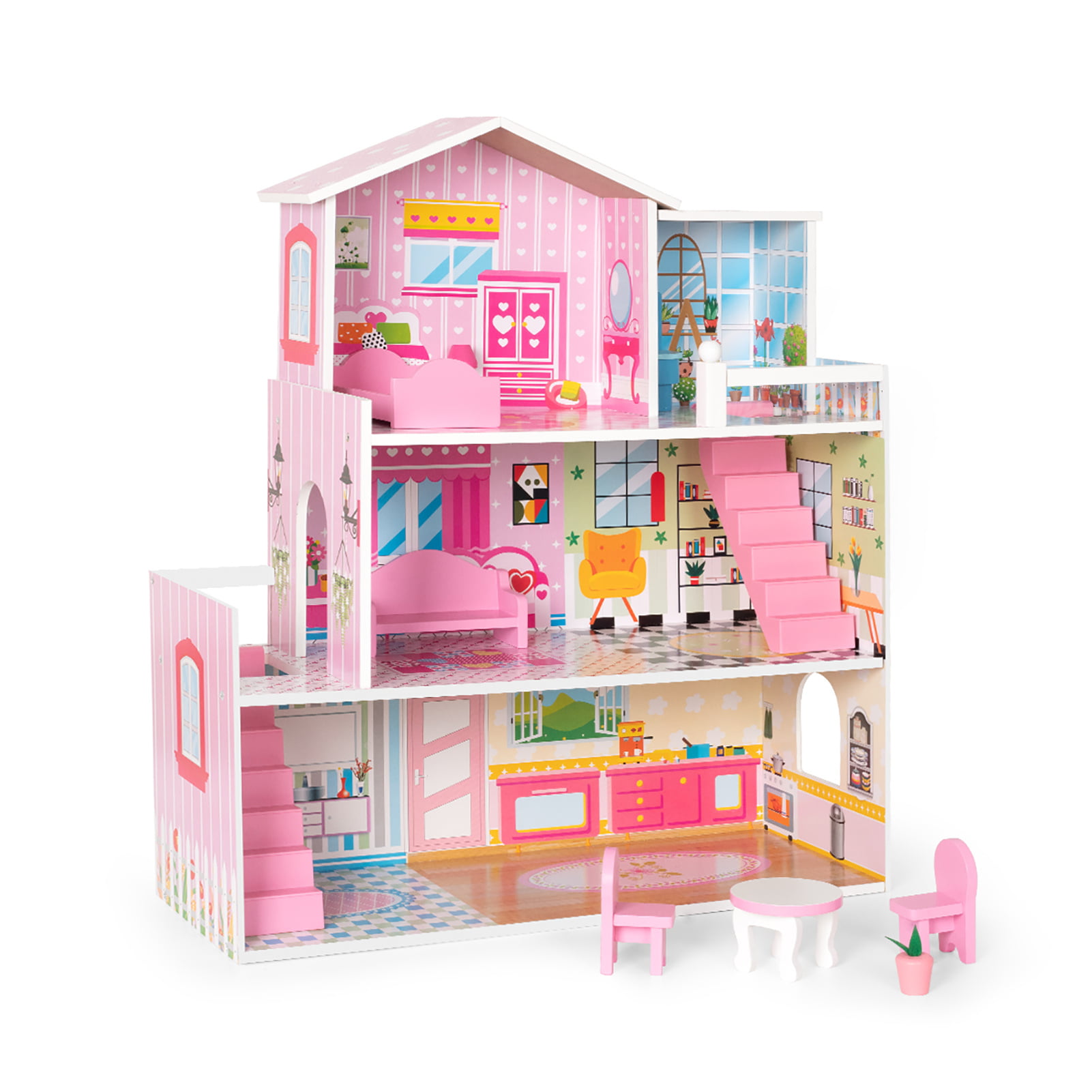 DIY Creative Doll House with Furniture Full Set Miniature Wooden Romantic Pink