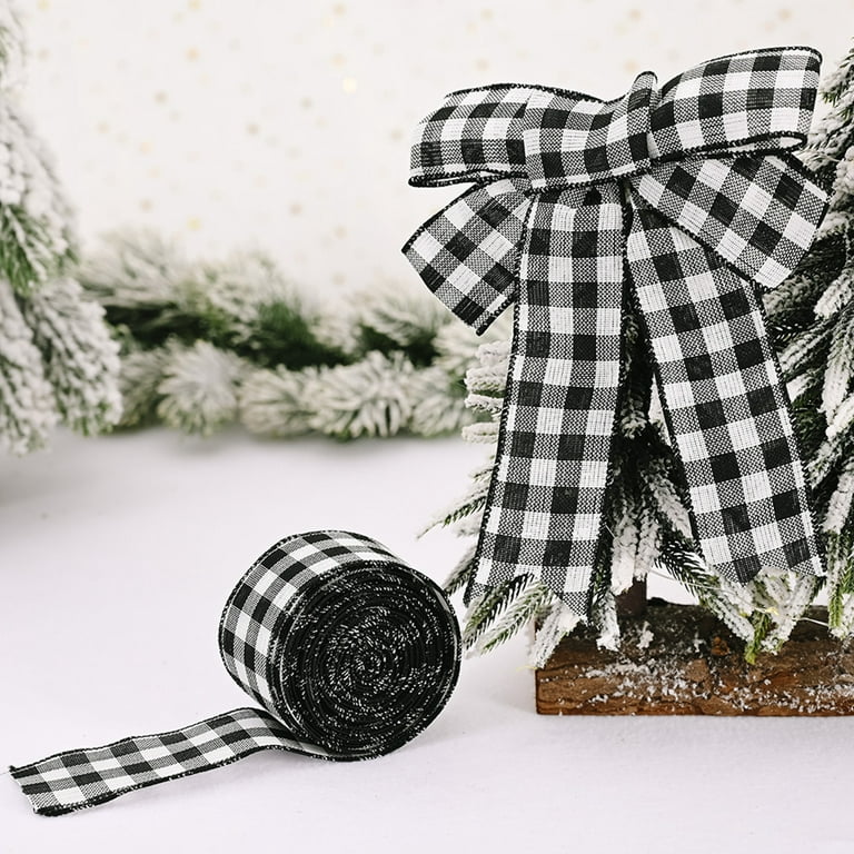 2Pcs White and Black Plaid Burlap Ribbon Wired Ribbon Christmas Wrapping  Ribbon for Christmas Crafts Decoration, Floral Bows Craft, 236 inch 