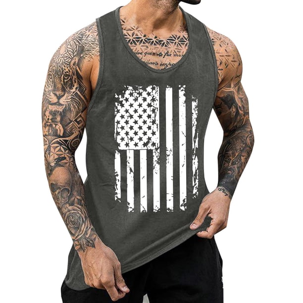 Hombres Moda Casual Día de la Independencia Impresión Suéter Cuello Redondo Deportes sin Mangas Tanque