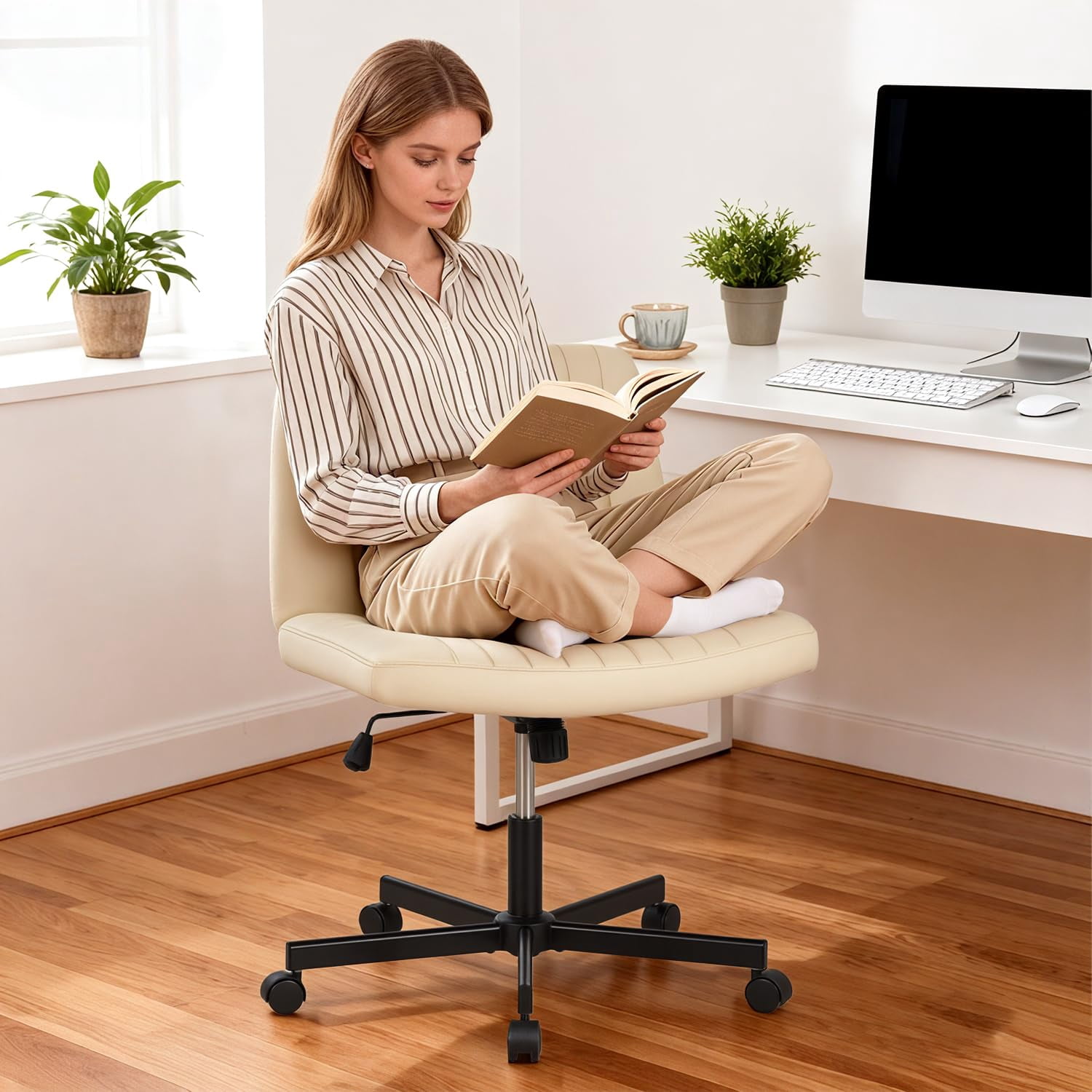 NiamVelo Vanity Chair with Wheels Criss Cross Chair Wide Desk Chair Armless Office Chair Adjustable Swivel Chair for Home Office, 250LBS Weight （Beige）