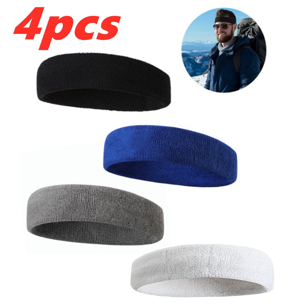 Terry Cloth Sweat Headbands for Men Sweat Wicking Headband Men's Black Head Sweat band Athletic Men's Headband (4 pack)