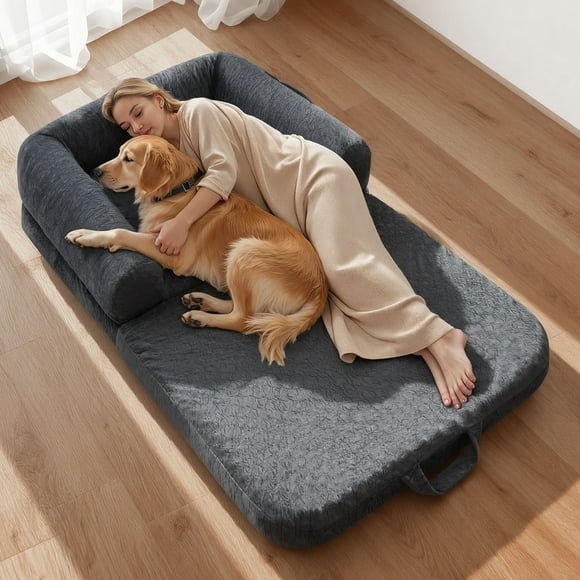 VEVOR Human Dog Bed, 70.47 x 37.4 x 9.45 inch Orthopedic Memory Foam Human Sized Dog Bed, Humans Pet Beds with Side Pocket, Handle & Zipper, Removable Machine-Washable Dogs Beds for Humans, Dark Gray