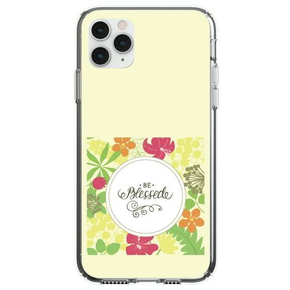 DistinctInk Clear Shockproof Hybrid Case for iPhone 13 (6.1" Screen) - TPU Bumper, Acrylic Back, Tempered Glass Screen Protector - Be Blessed - Floral Pattern Yellow