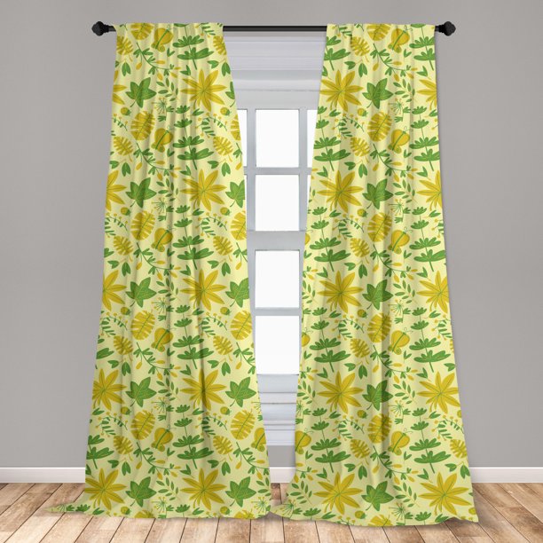 Leaves Curtains 2 Panels Set, Summer Time Botany Leaves Plants and