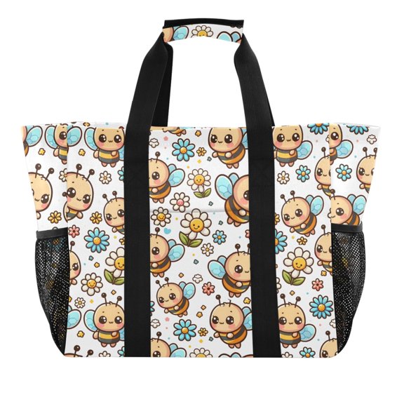 Cute Cartoon Bee Reusable Grocery Bags with Handle Side Pocket Waterproof Shopping Portable Tote