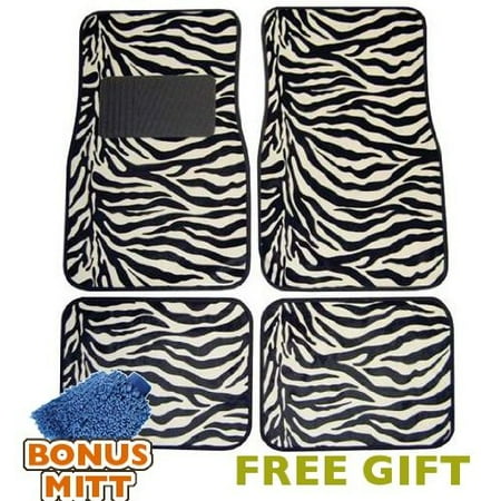 A Set of 4 Universal Fit Animal Print Carpet Floor Mats for Cars / Truck - White Zebra Stripes & Bonus Detailing WASH MITT