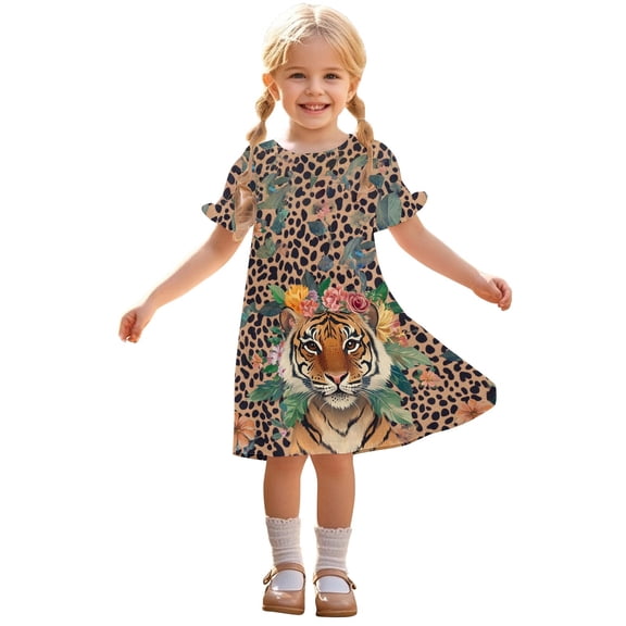 Avrntaa Toddler Girls Short Sleeve Dresses Plaid Print Crewneck Casual Dress Baggy A-line Sundress 3-12Y