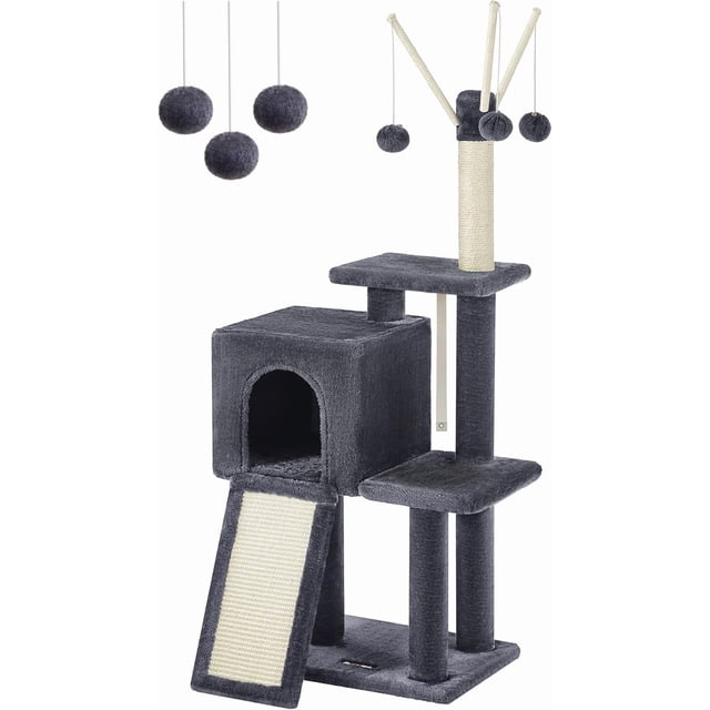 Árbol de Gato Pequeño, Torre de Interior, Gatitos, Poste para Rascar, Varitas de Pompón Desmontables, Gris