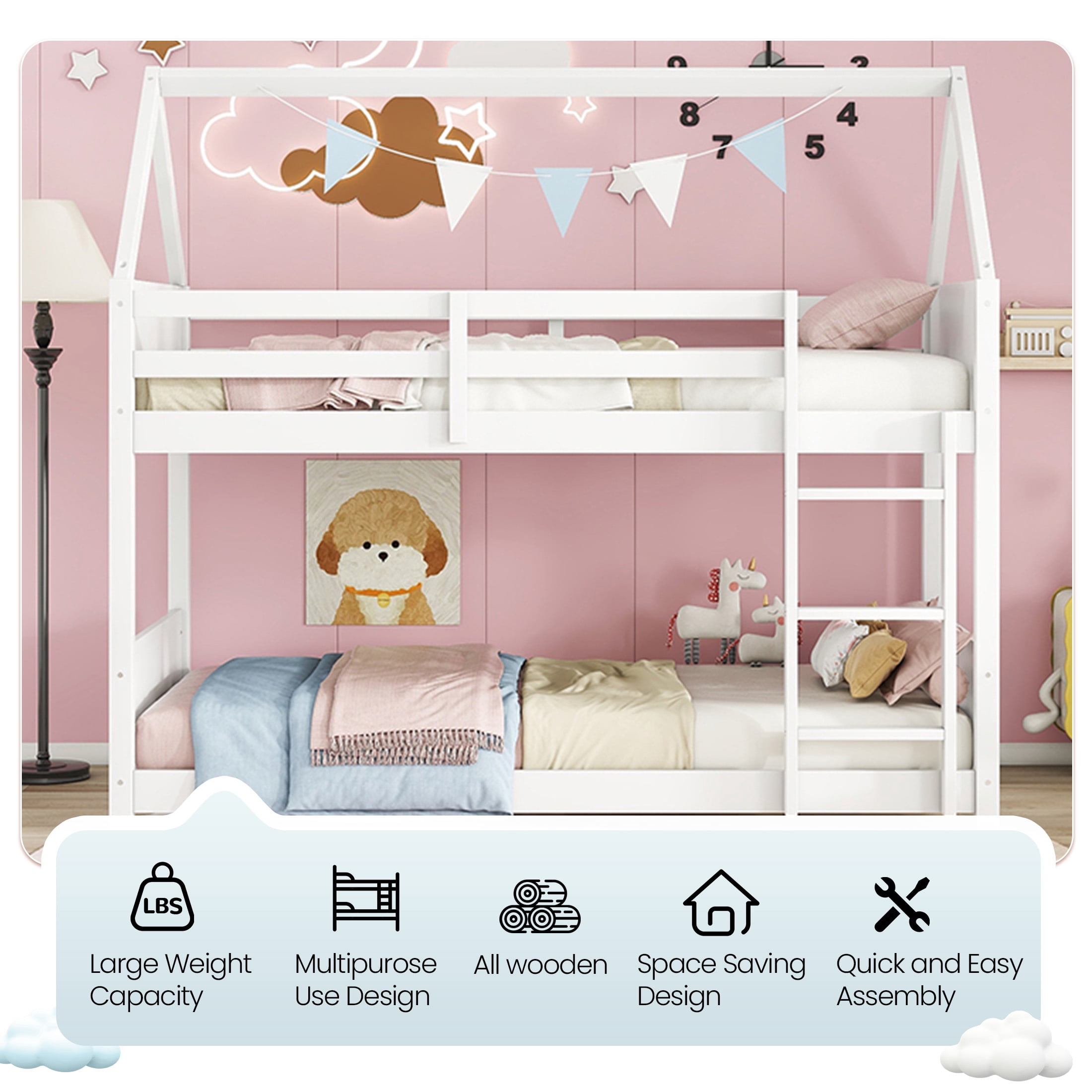 Aukfa Heavy Duty Junior House Bunk Bed with Full-Length Guardrail, Twin Over Twin Bunk Bed Frame, White