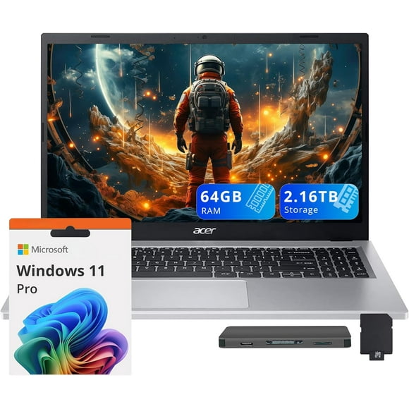 acer Aspire 3 15.6" FHD Laptop, AMD Ryzen 7 7730U, 64GB RAM, 2.16TB Storage (2TB SSD+160GB Docking Station Set), AMD Radeon Graphics, Backlit Keyboard, Wi-Fi 6, Windows 11 Pro, Silver