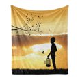 thumbnail image 1 of Nature Soft Flannel Fleece Blanket, Little Child Silhouette with a Bird Cage at Sunset in Forest Rural Trees Birds, Cozy Plush for Indoor and Outdoor Use, 60" x 80", Marigold Black, by Ambesonne, 1 of 6
